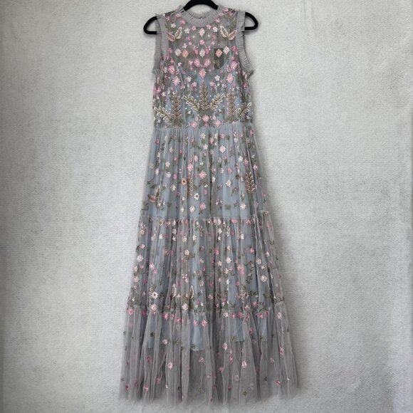 Tolani Dress Womens Small Gray Blue Embroidered Floral Mesh Tulle Maxi Lined - Picture 1 of 9